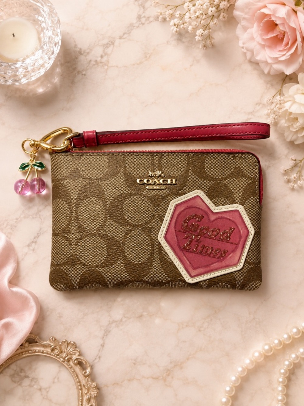 Coach Corner Zip Wristlet Signature Canvas with Pink “Good Times “ Cherry Charm